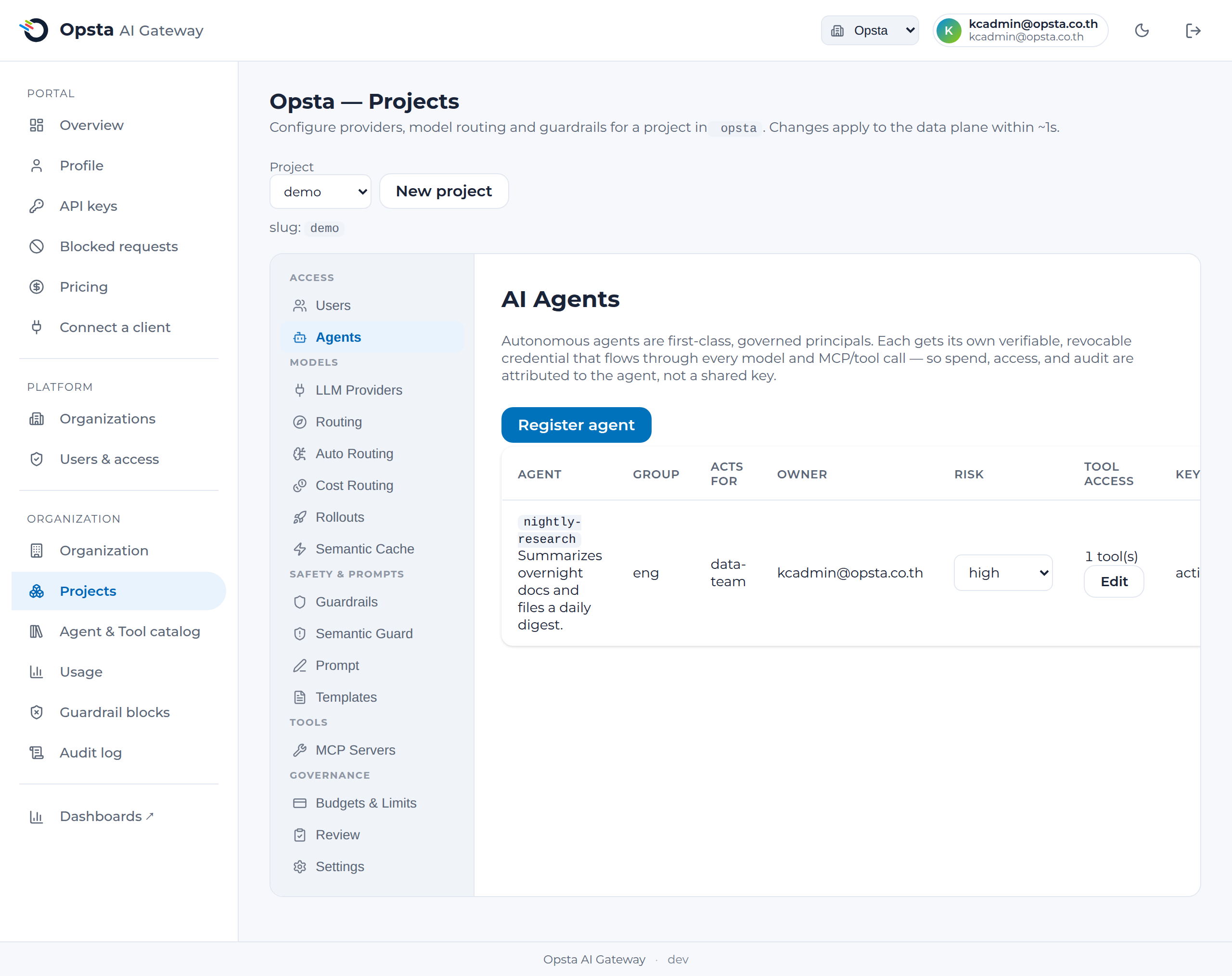 The Agents view — register and govern AI agents as first-class principals