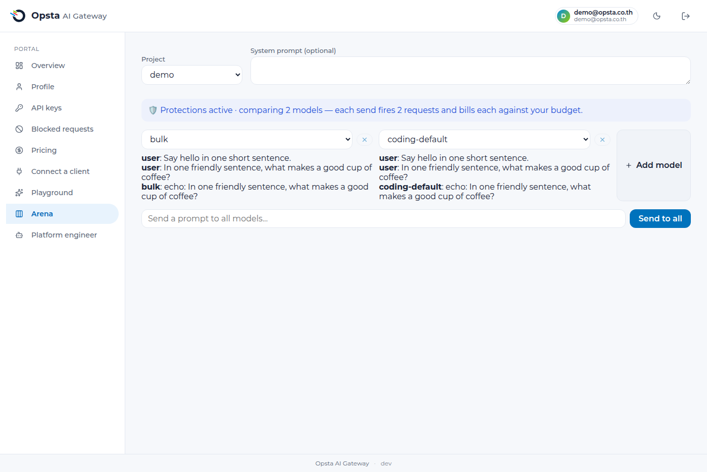 Arena — one prompt compared across two models, each streaming into its own column