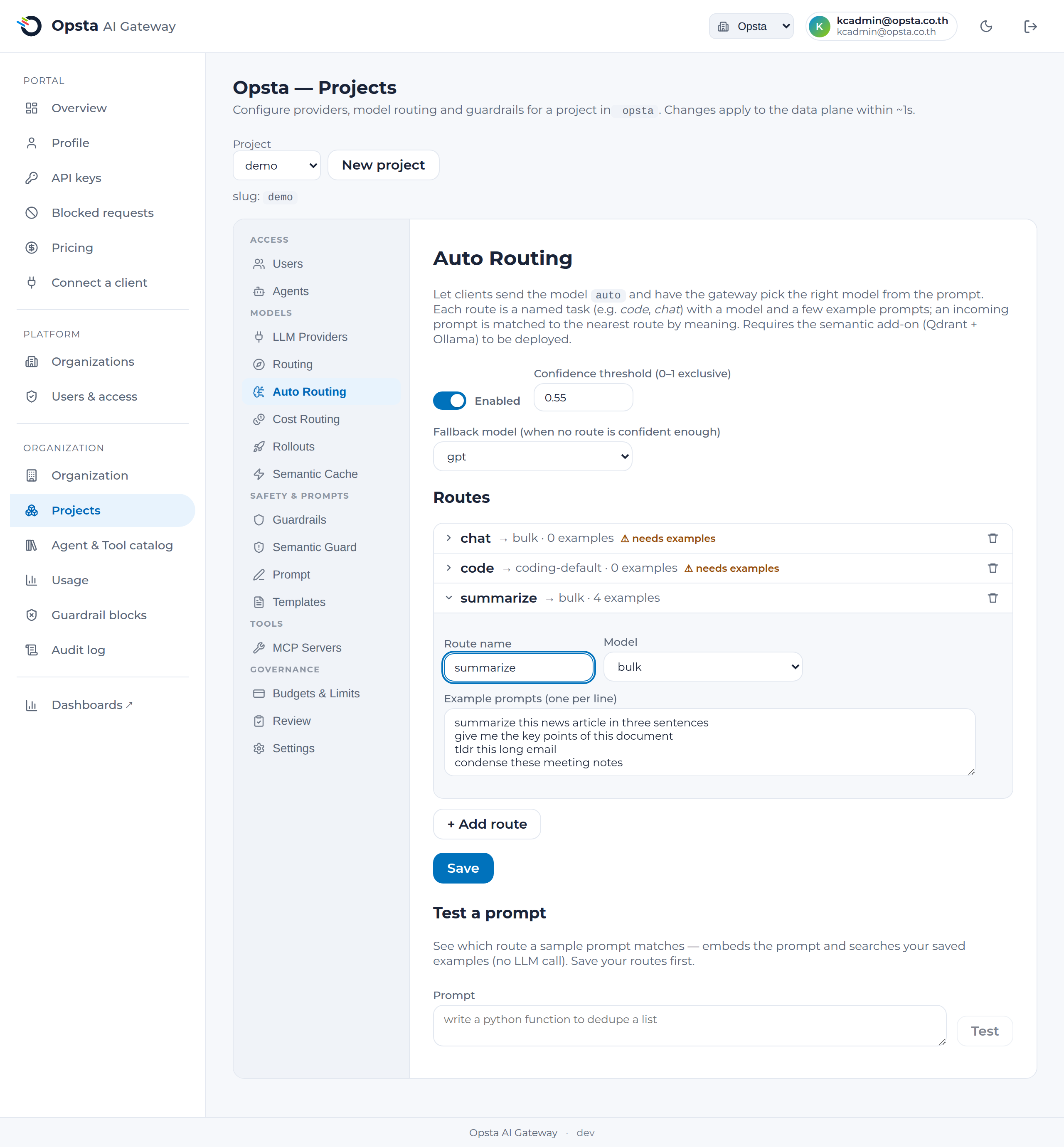 The Auto Routing tab — named routes (model + example prompts), threshold, fallback, and a prompt tester