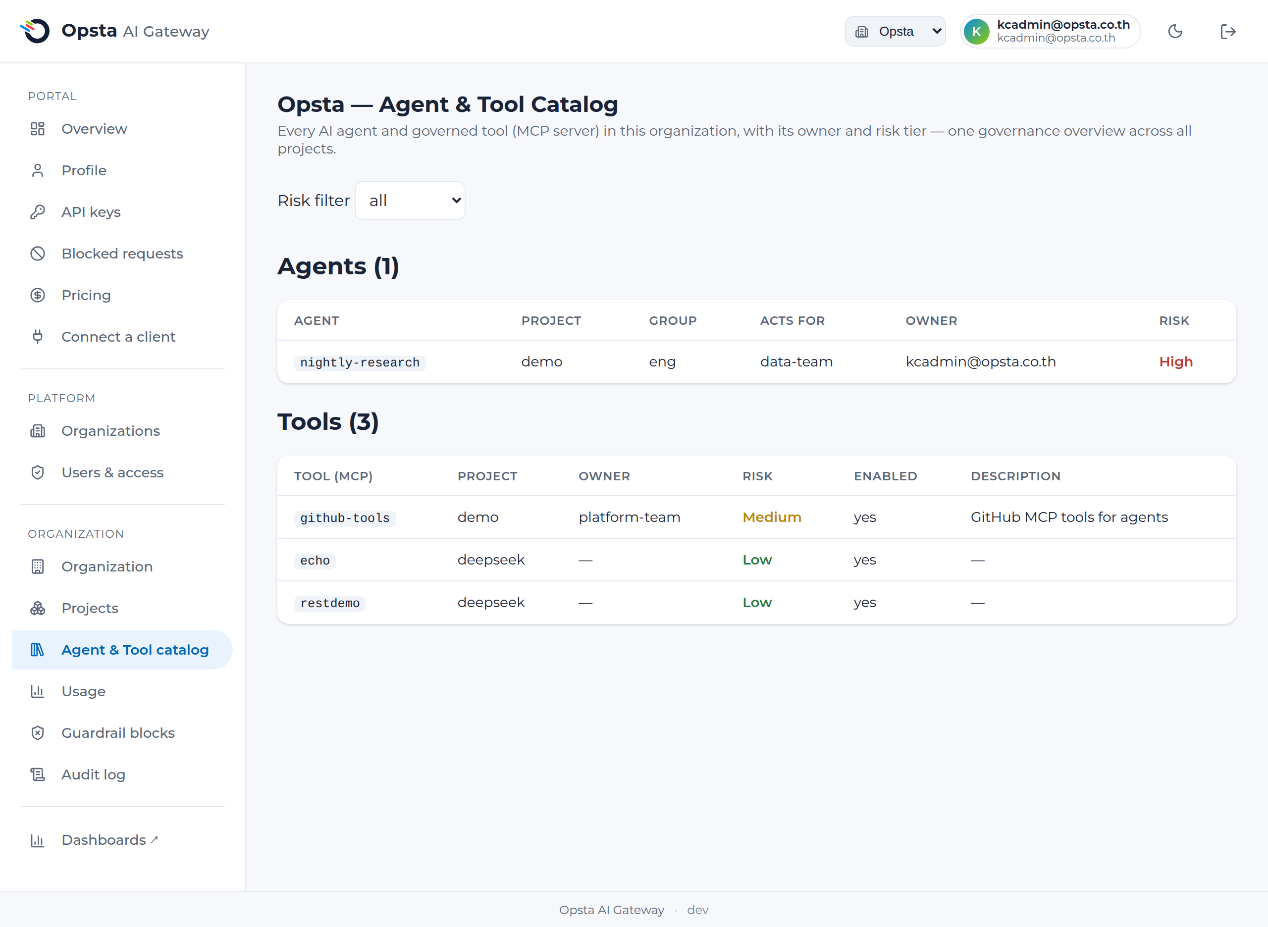 The Agent & Tool catalog — agents and tools with owner and risk tier