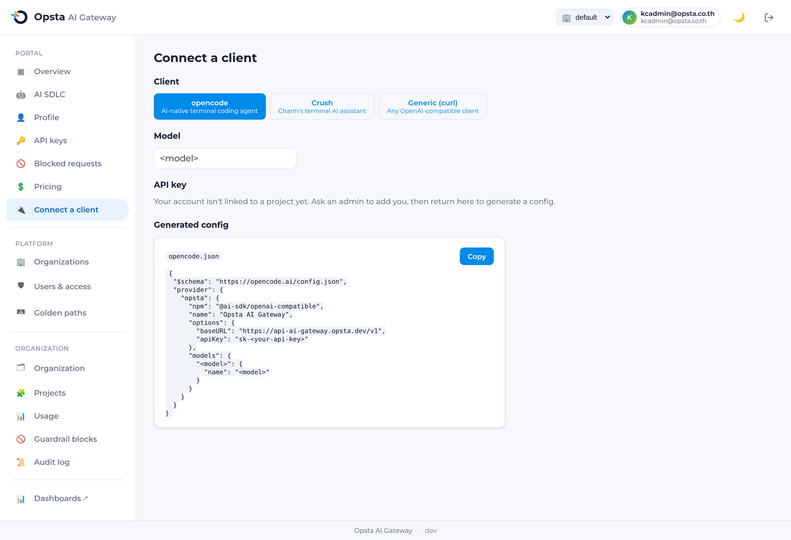 The Connect-a-client page — generated config for your client
