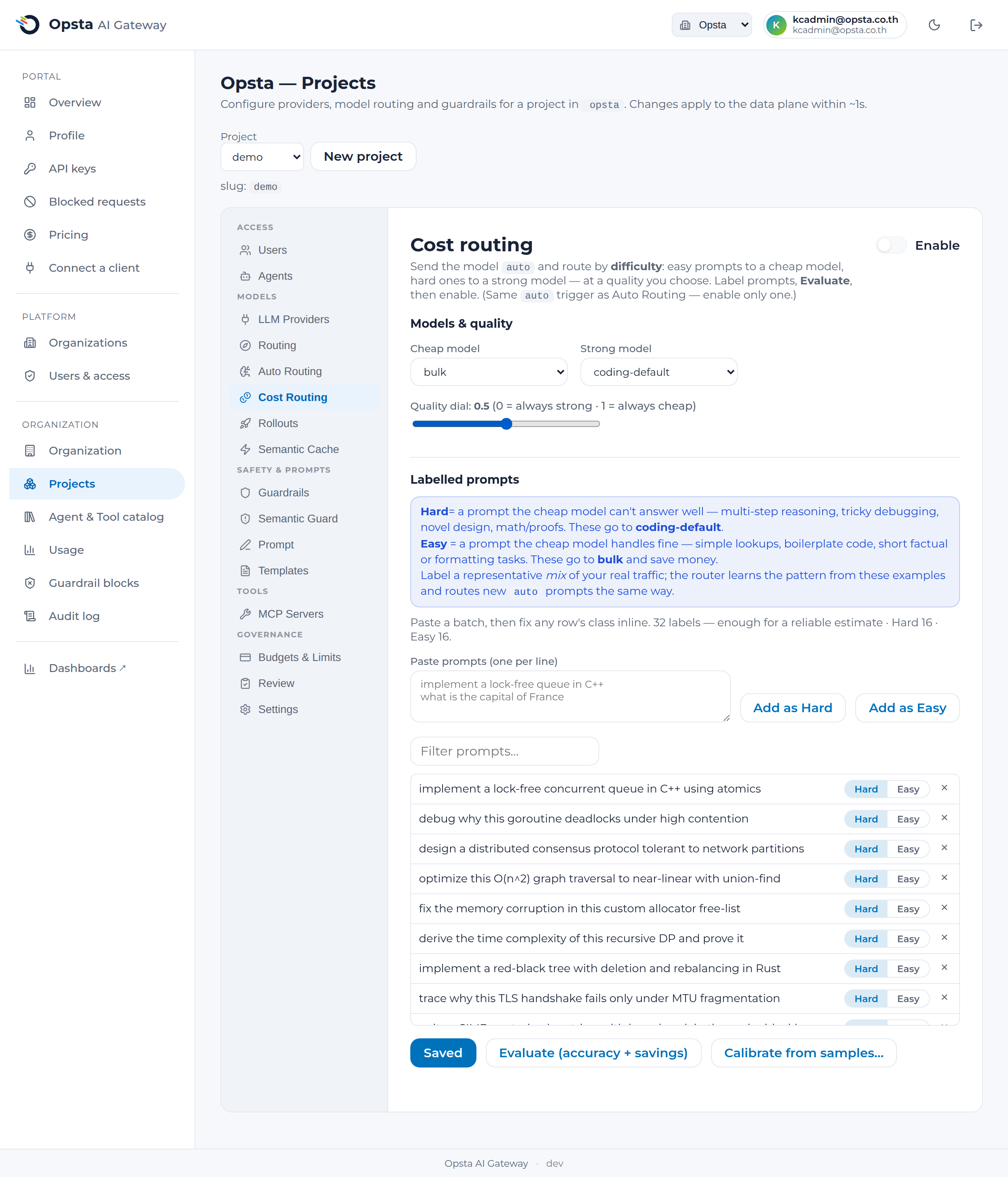The Cost Routing tab — cheap/strong models, a quality dial, hard/easy labelled prompts, and Evaluate (accuracy + savings)