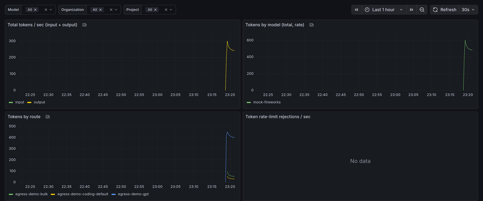 The self-hosted observability dashboard — token throughput by model and by route