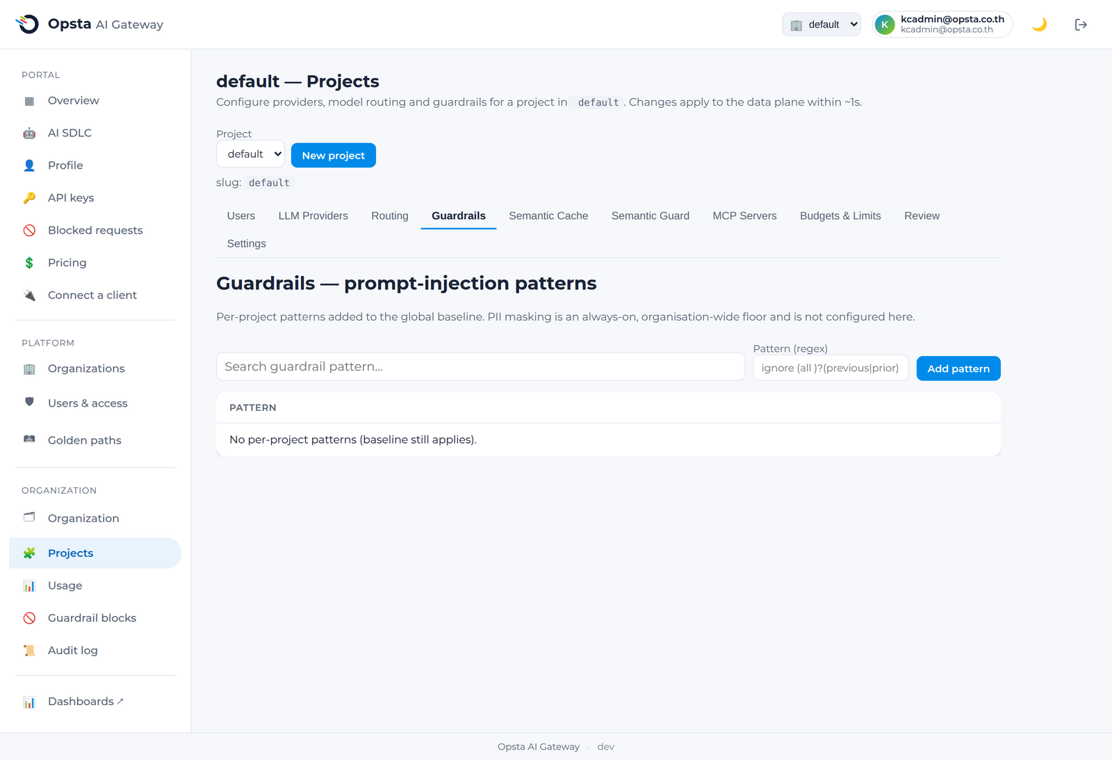 The Guardrails tab — per-project prompt-injection patterns