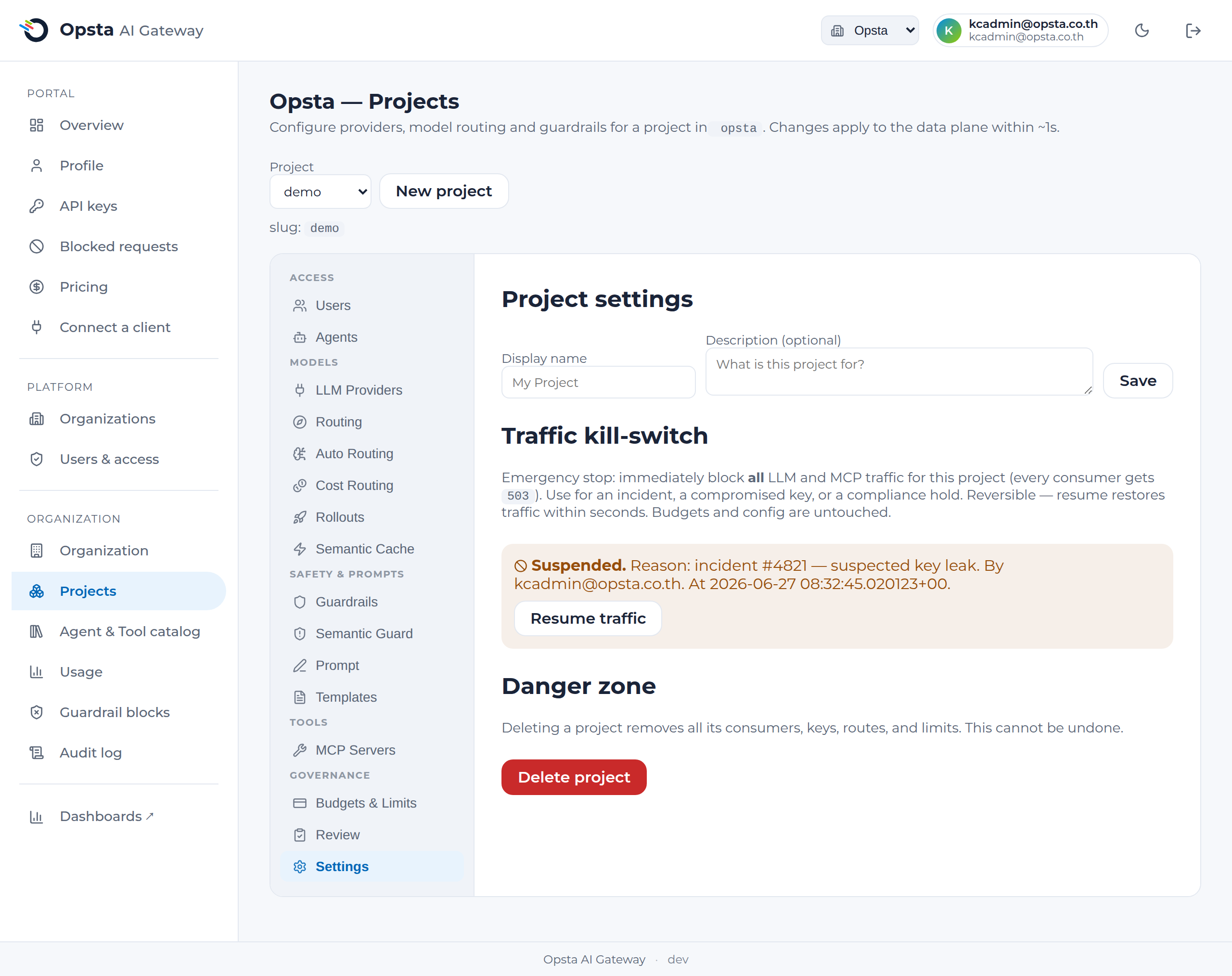 Projects → Settings — the Traffic kill-switch