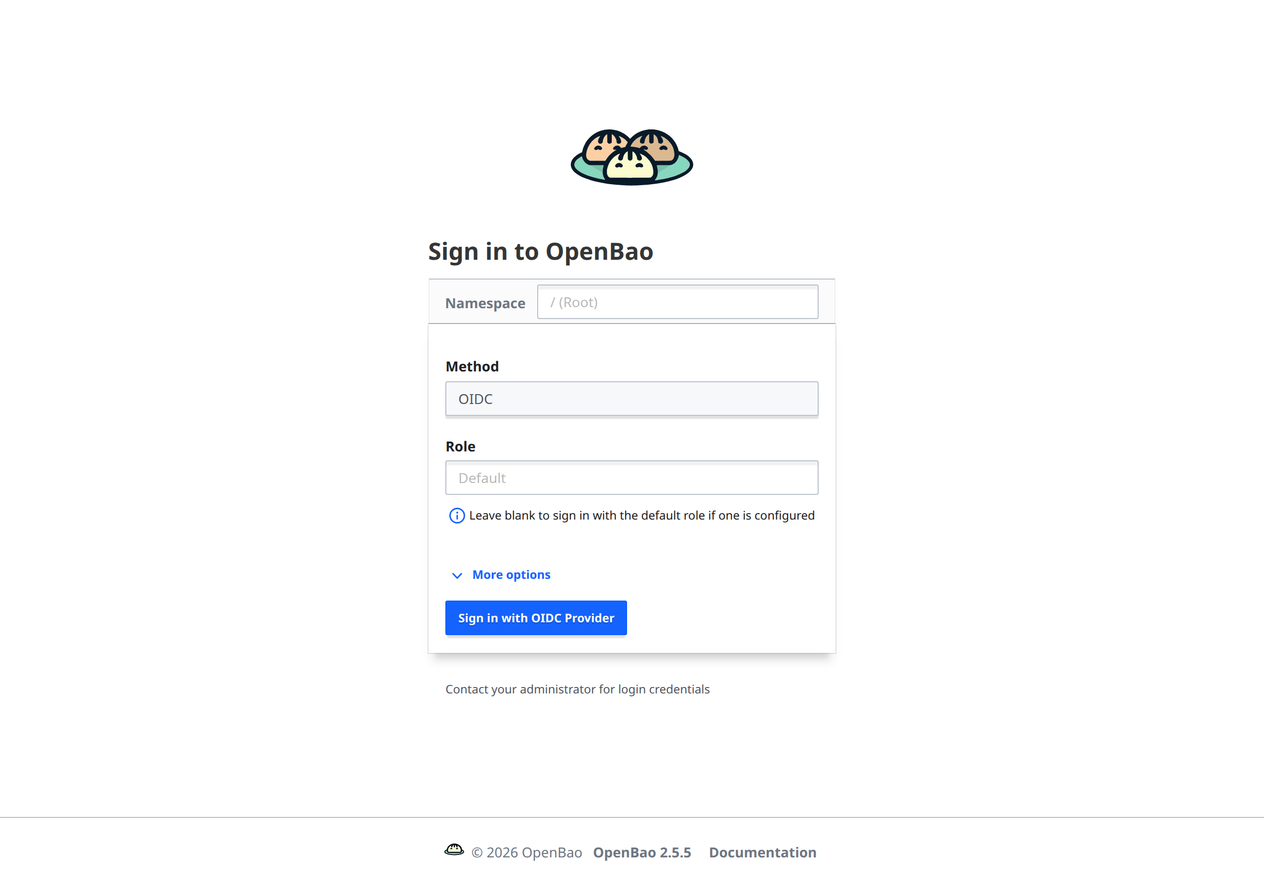 The OpenBao sign-in screen with the OIDC method selected — single sign-on through Keycloak