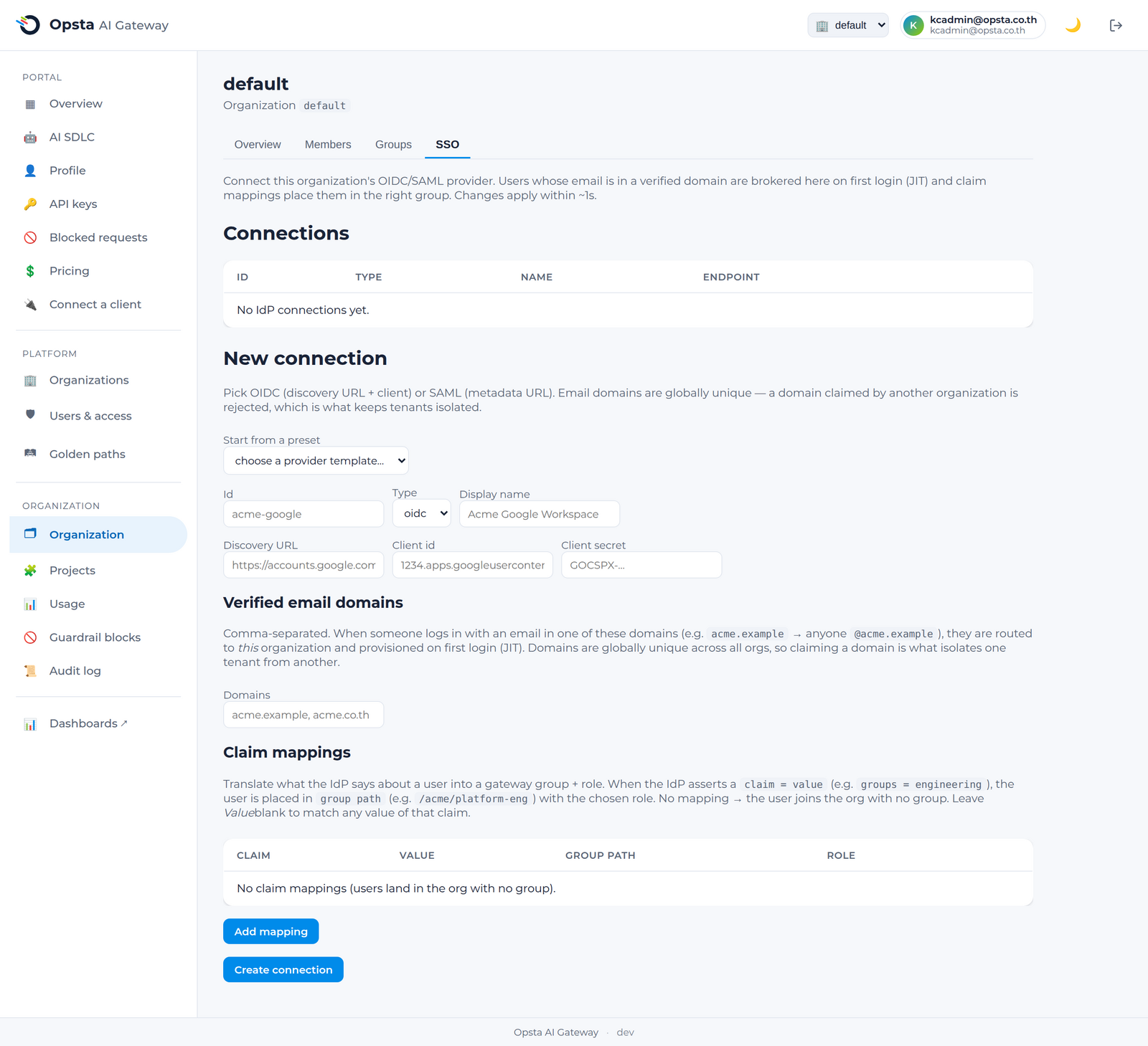 The organization SSO configuration — connection and claim mappings