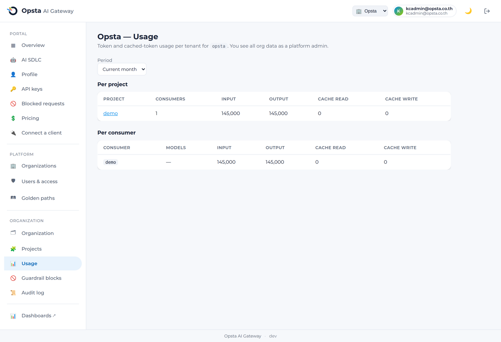 Organization usage — token totals per project and per consumer