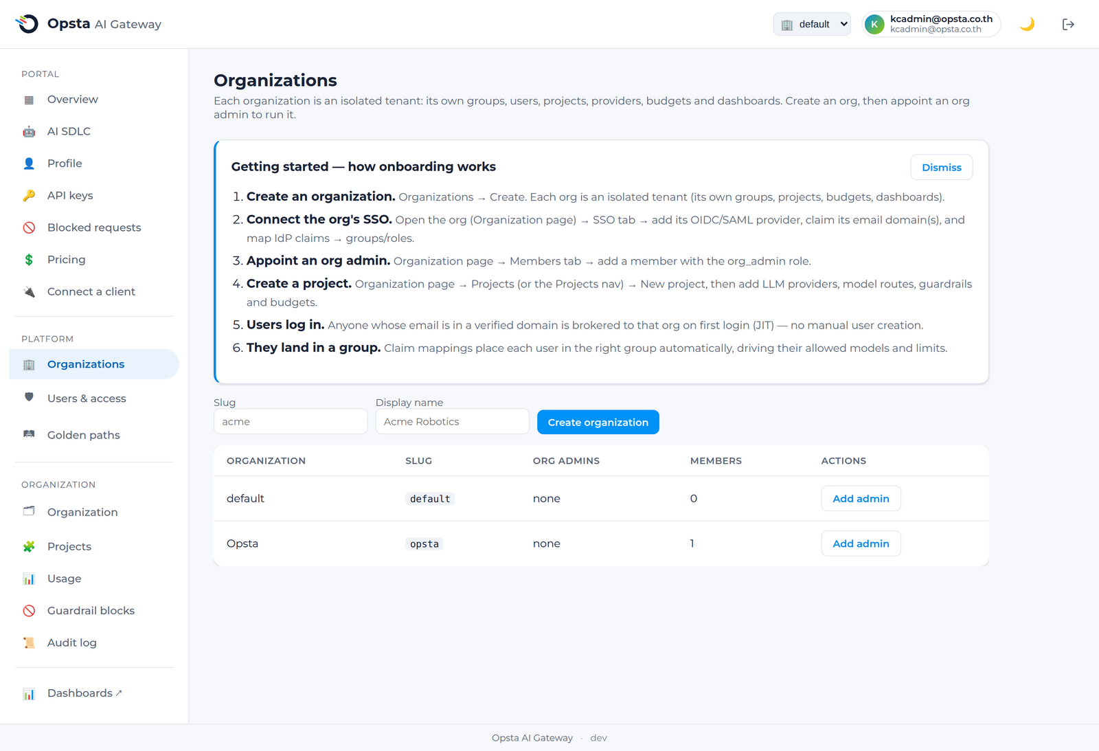 The Organizations list with the create-organization form