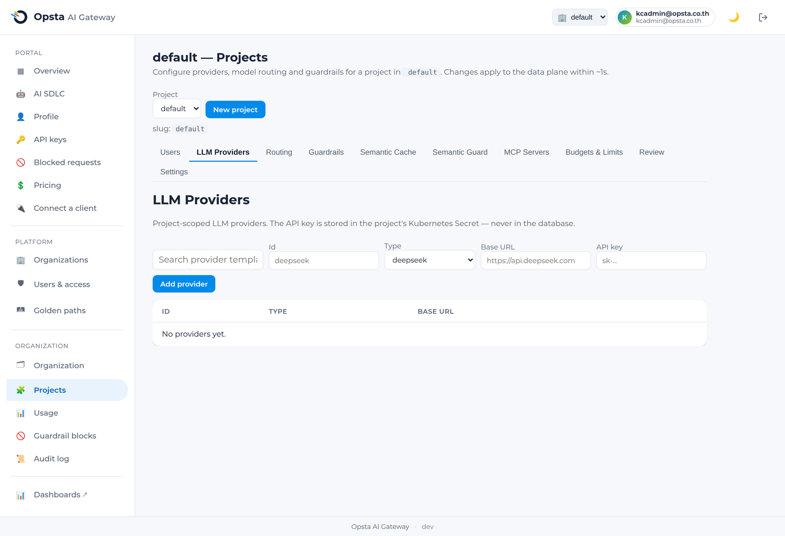 The LLM Providers tab — add-provider form