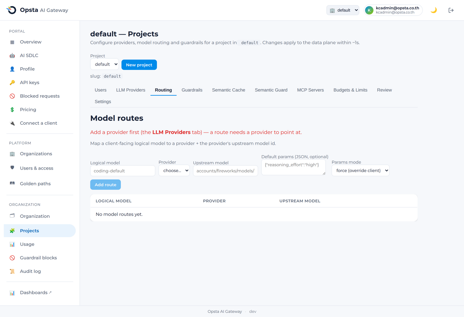 The Routing tab — logical model names mapped to providers
