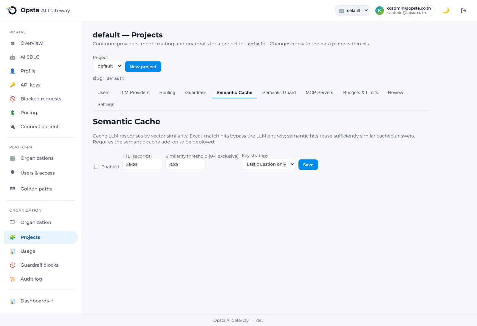 The Semantic Cache tab