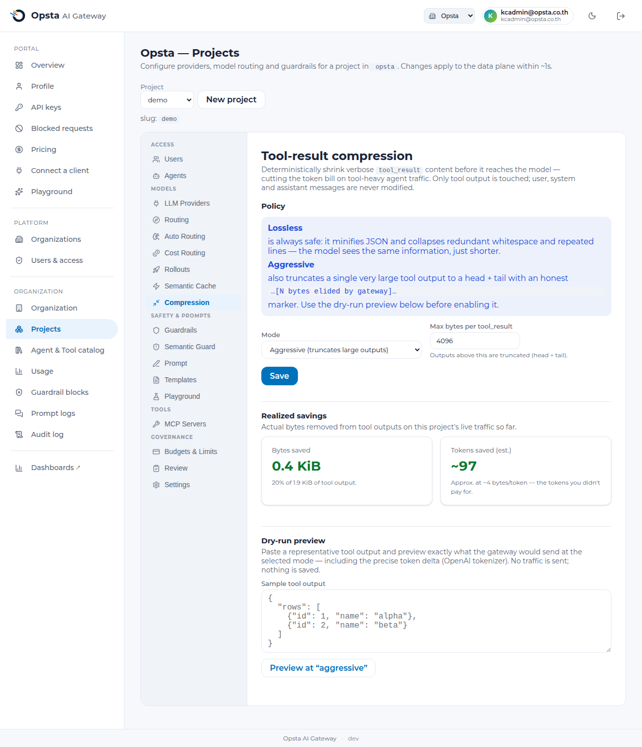 The Compression tab — mode selector, realized byte/token savings on live traffic, and a dry-run preview