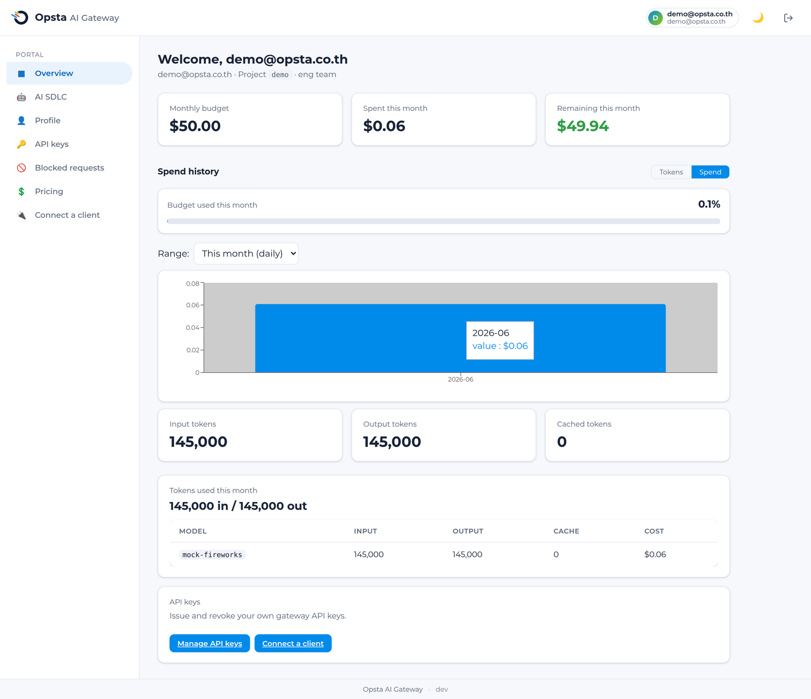 Your overview — monthly budget, spend, and a per-model cost breakdown
