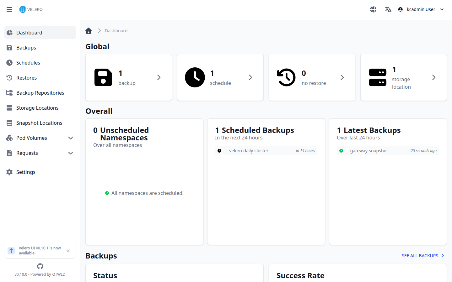 The Velero UI dashboard — backups, schedules, restores, and storage locations, signed in with Keycloak SSO